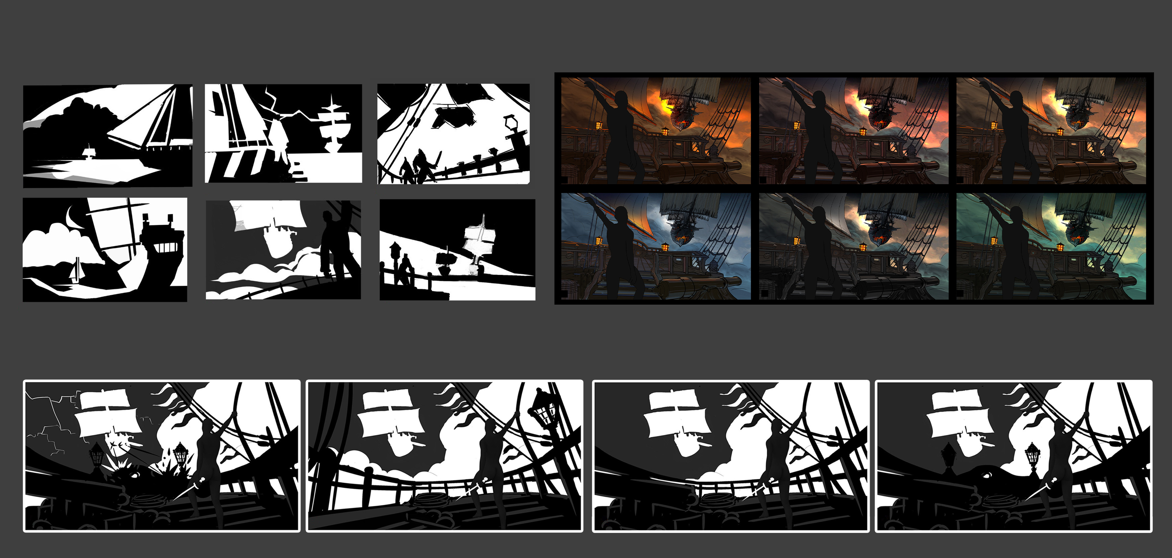 Early composition exploration, as well as rough color sketches