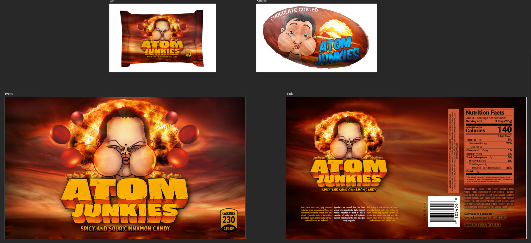 I had a lot of fun with the "Atom Junkies" concept, as well. I had already modeled and rendered some generic candy shapes that I recolored to a dark red, and I leaned into the sour, atomic vibe by redrawing the kid on the cover.