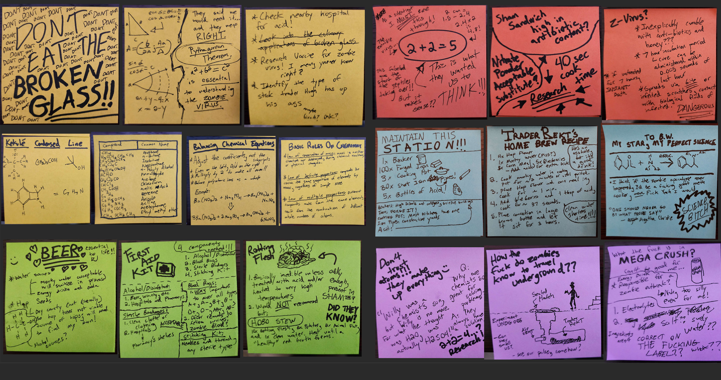 Here is a picture of some of the physical Sticky Notes I actually wrote on, before scanning them and editing them to be used as Substance Painter assets.
