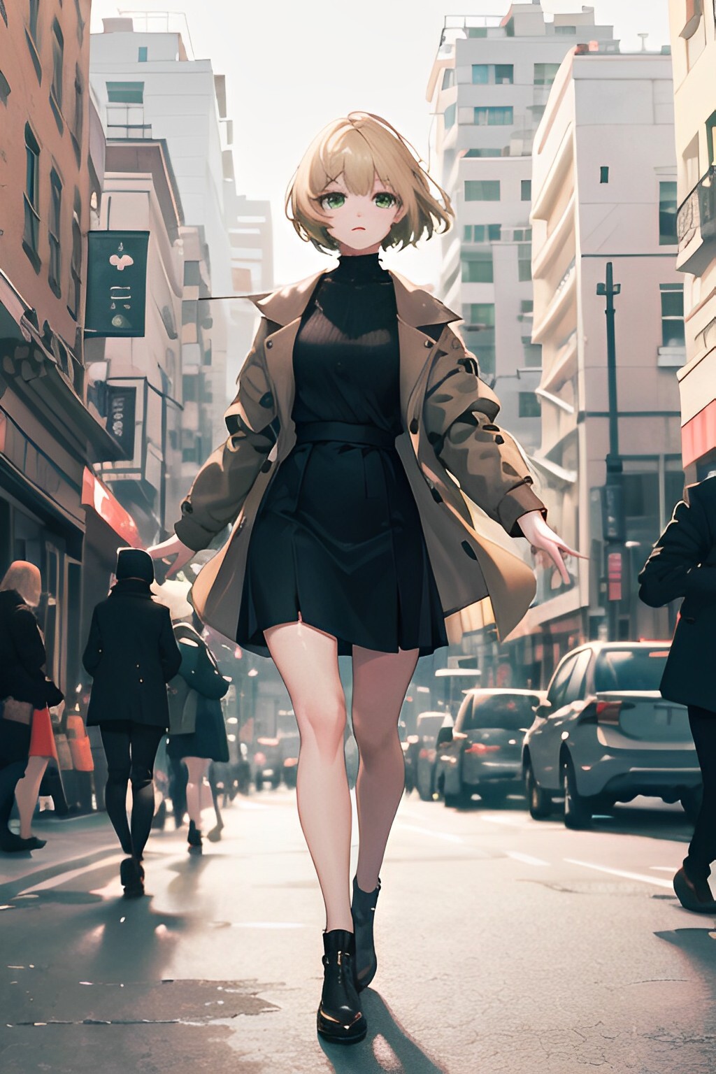 An anime girl in a school uniform, walking through a | Stable Diffusion
