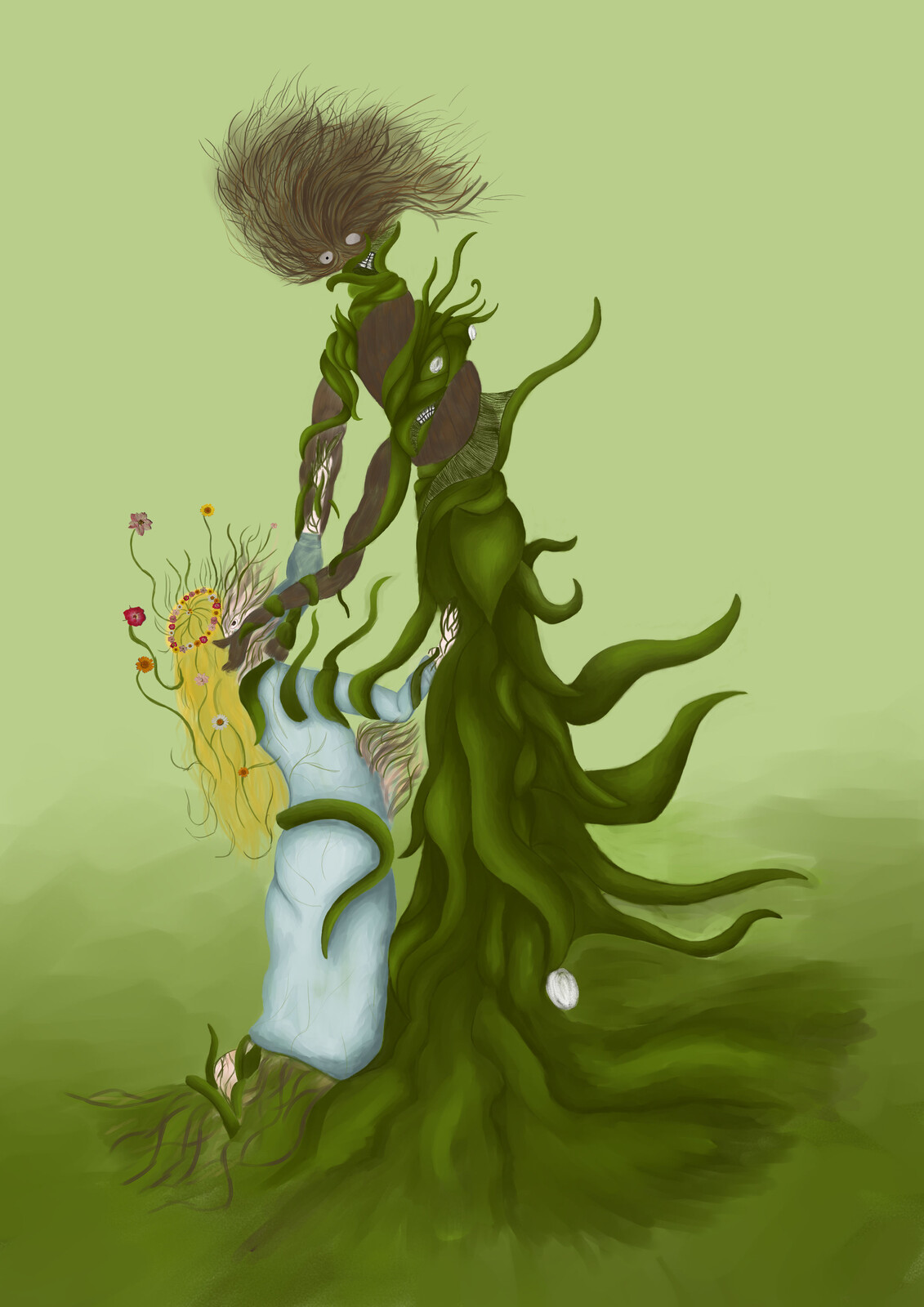 A digital painting of an eldritch style plant god turning a person into a plant.
The flowers in the persons hair are photos I took of dried flowers and turned into PNG's.