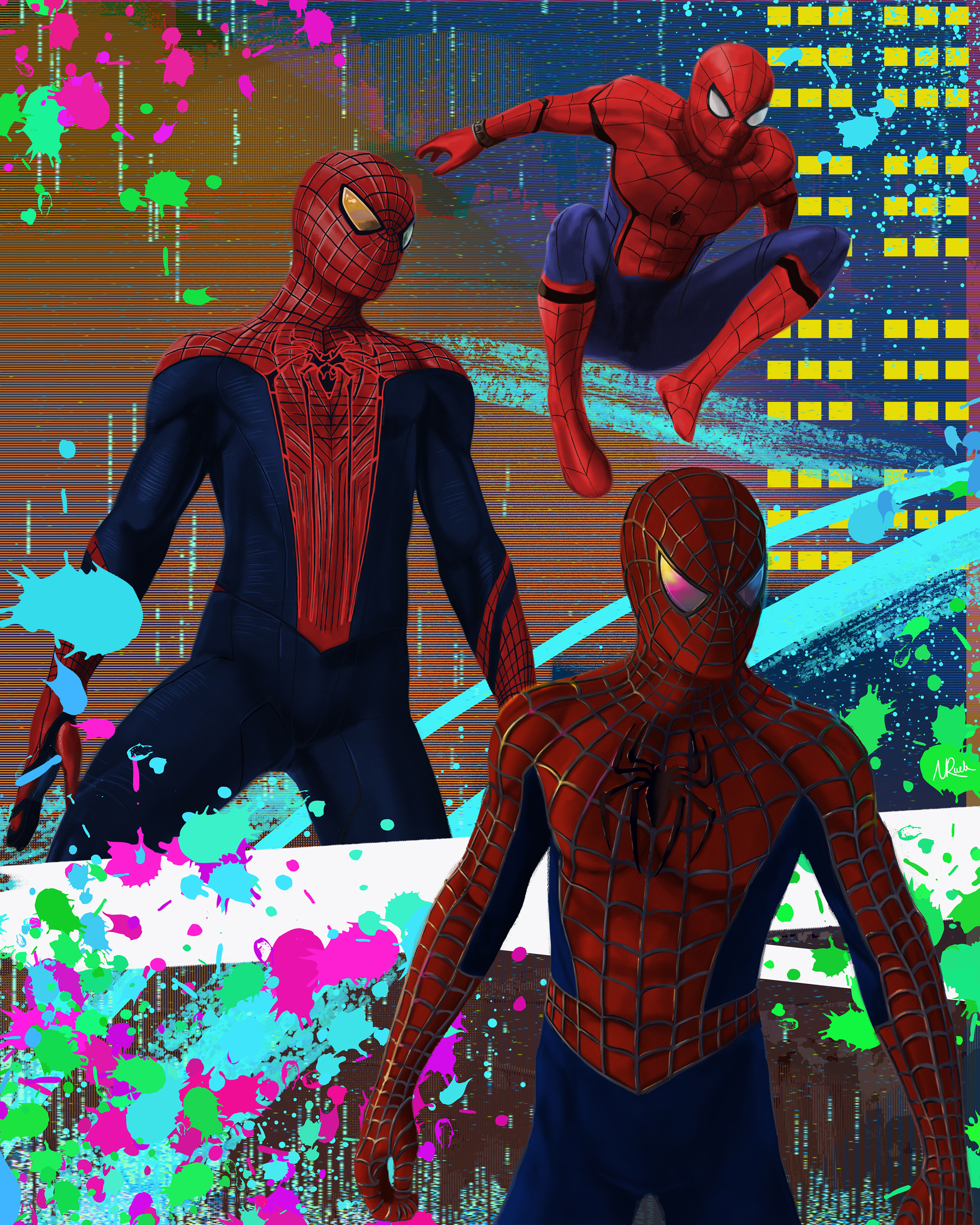 I didn't include Miles, so I decided to create a scene of the multiverse aesthetic from the Spiderverse movie
