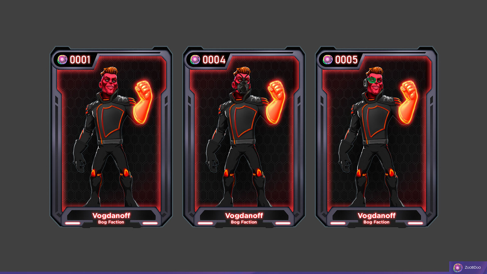 NFT cards. I applied a cell-shading shader to the character in Blender, and I further enhanced the composition making asset variations using Photoshop.