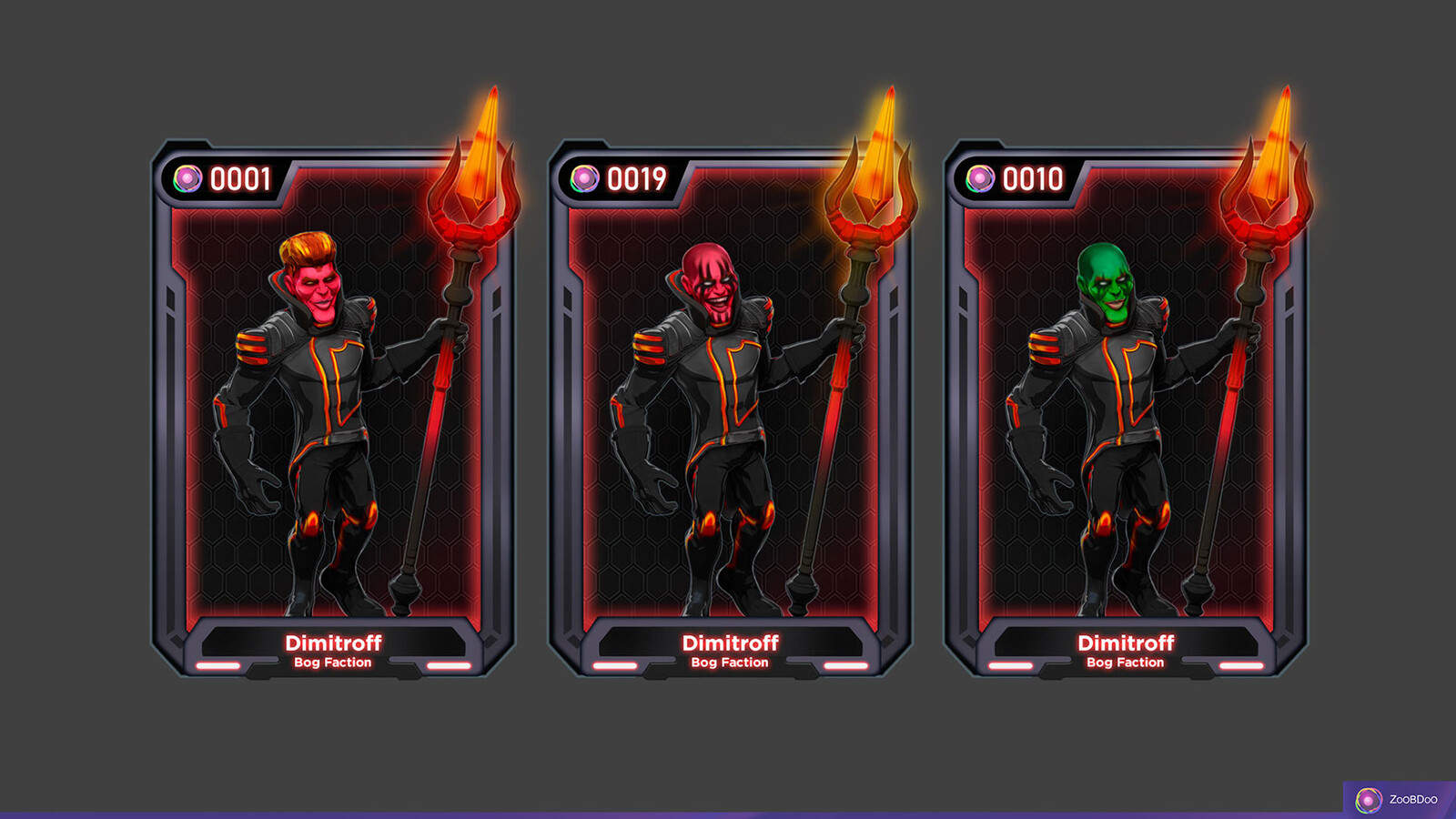 NFT cards. I applied a cell-shading shader to the character in Blender, and I further enhanced the composition making asset variations using Photoshop.