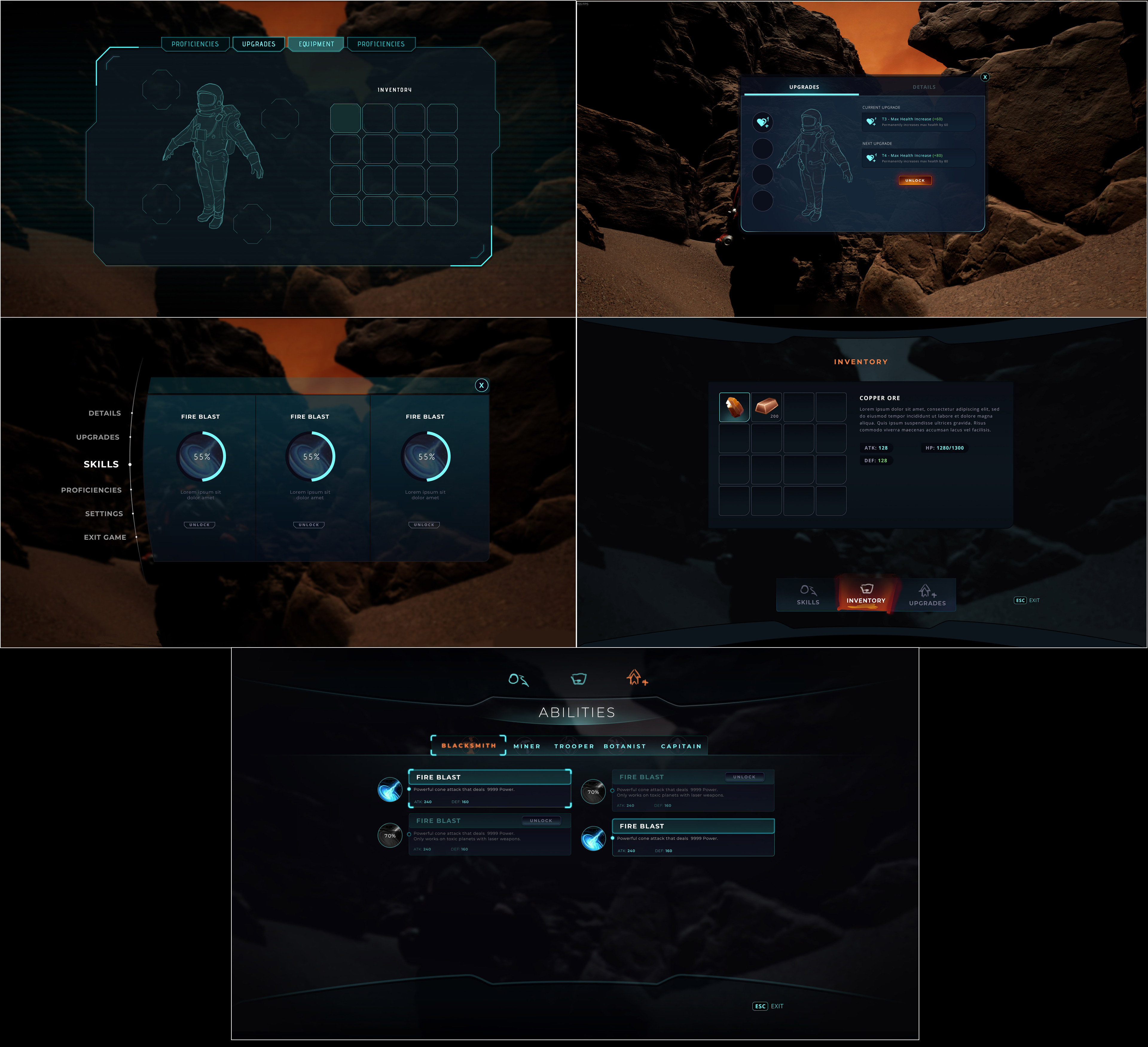 First concepts and explorations of an in-game menu with inventory, upgrades, etc. Made in Photoshop 
