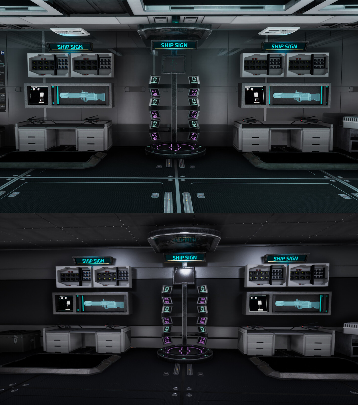Spaceship's armory where players build upgrades. Updated lighting and materials on a few assets, intended to better direct player's attention to the stations with upgrades