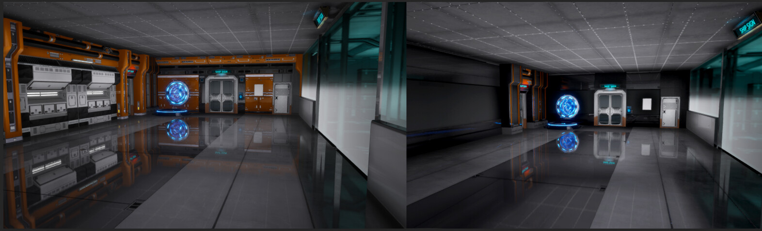 Inside of the main spaceship, before &amp; after adjustments to materials and lighting