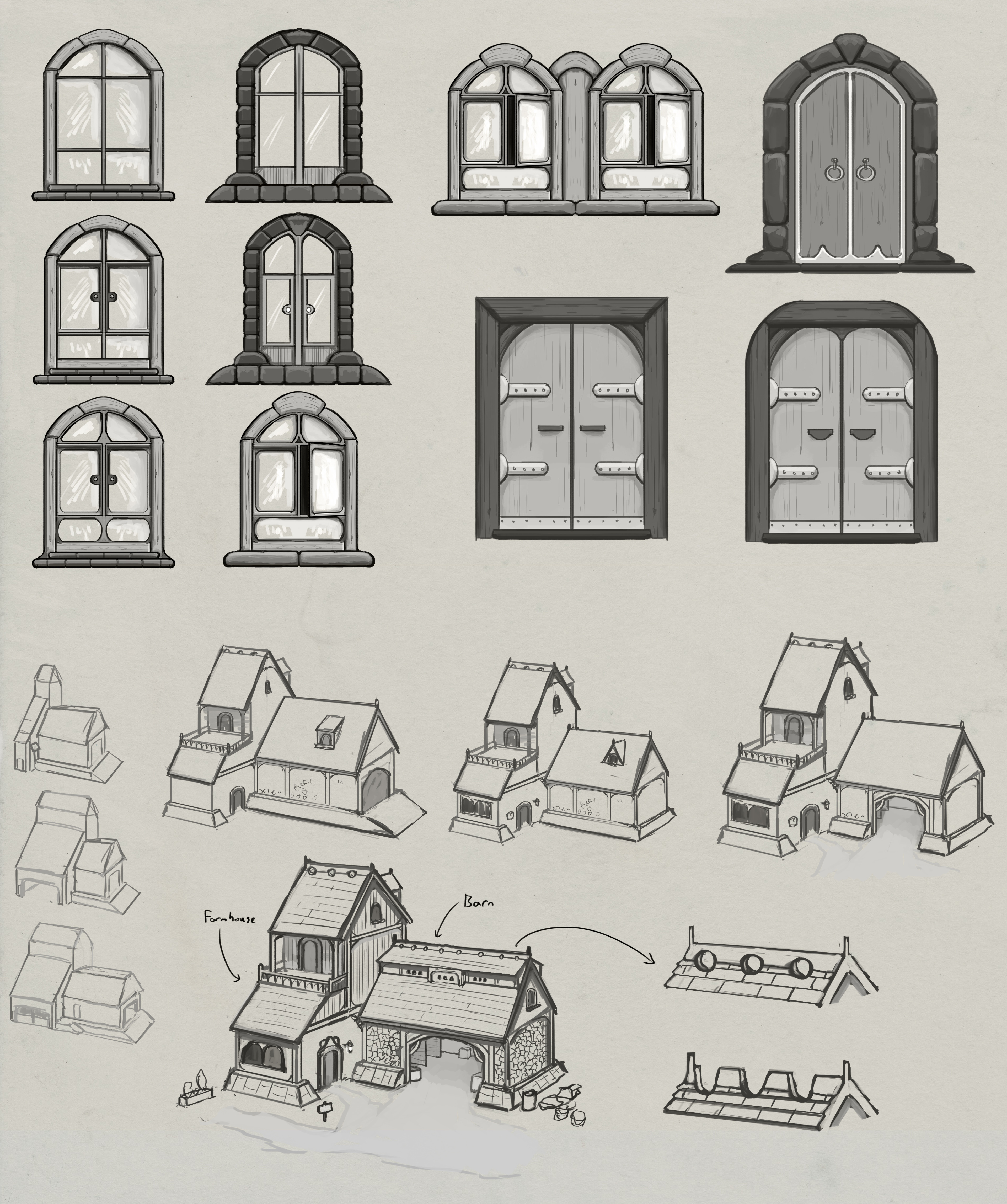 Early sketches of the building itself and some windows and doors. An even earlier sketch was done in a sketchbook.