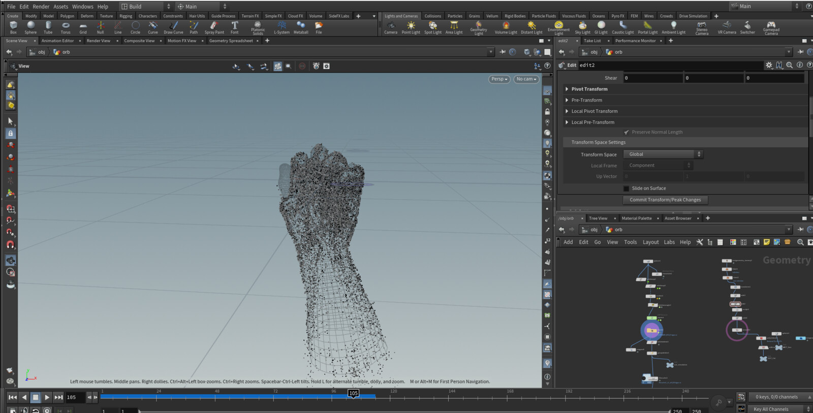 Houdini hand particles geometry. For a hand model I choose standard human model in Houdini and modeled it untill it will become a fist and filled it by particles. 