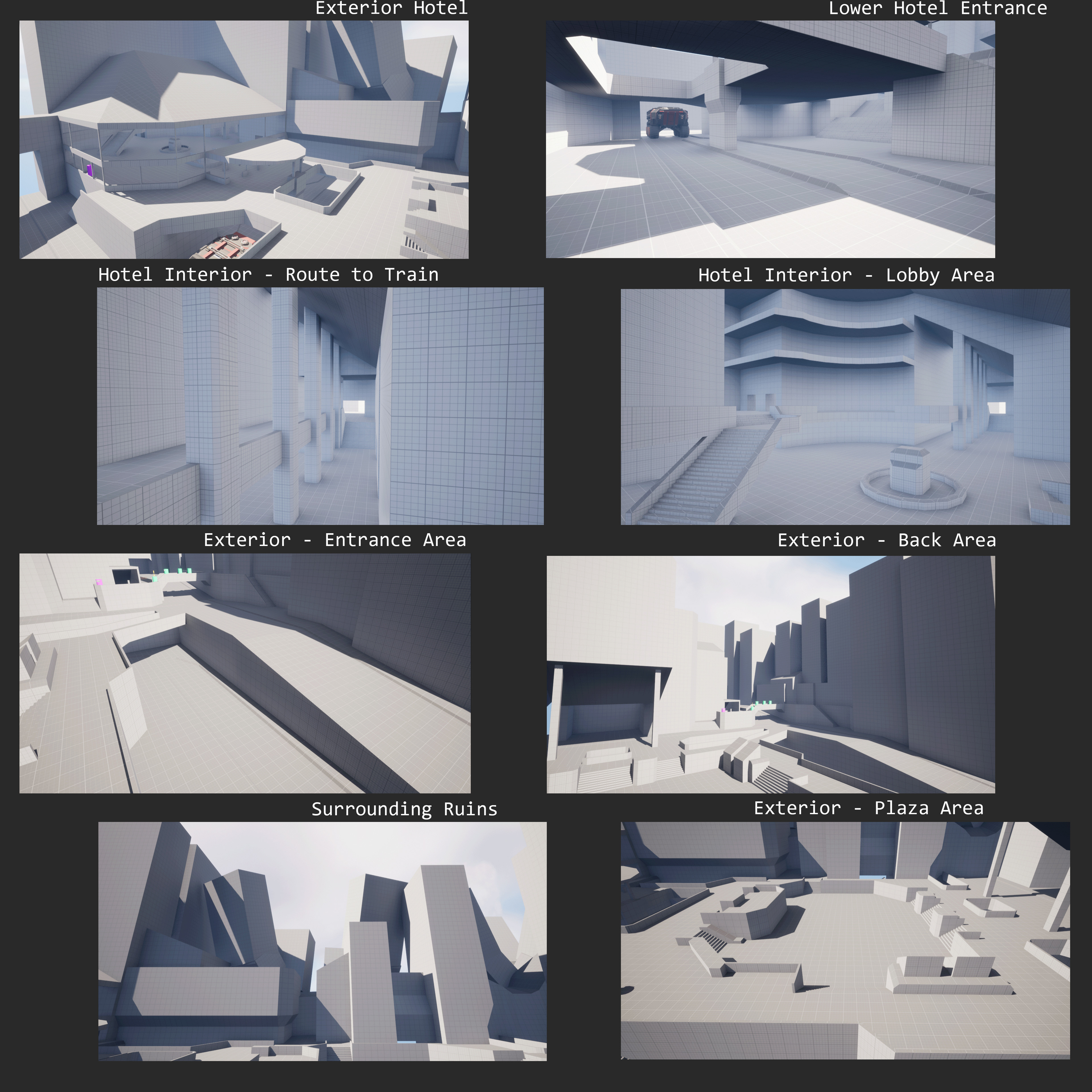 A few early blockout screenshots. This is a very early state for the level's geometry.