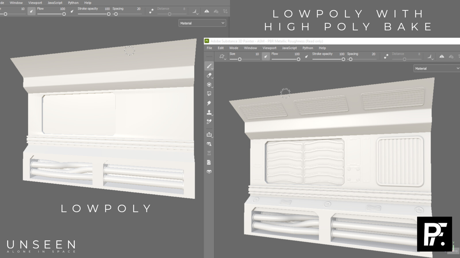 Each model follows the low to highpoly baking process. The example above is one of the modular walls with the highpoly baked onto it with Substance Painter. 