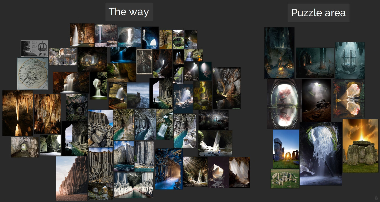 To make the level natural, I collected references of different “Nordic” caves to look at the shape of the rocks, color, cave structure, waterfalls &amp; elevators.