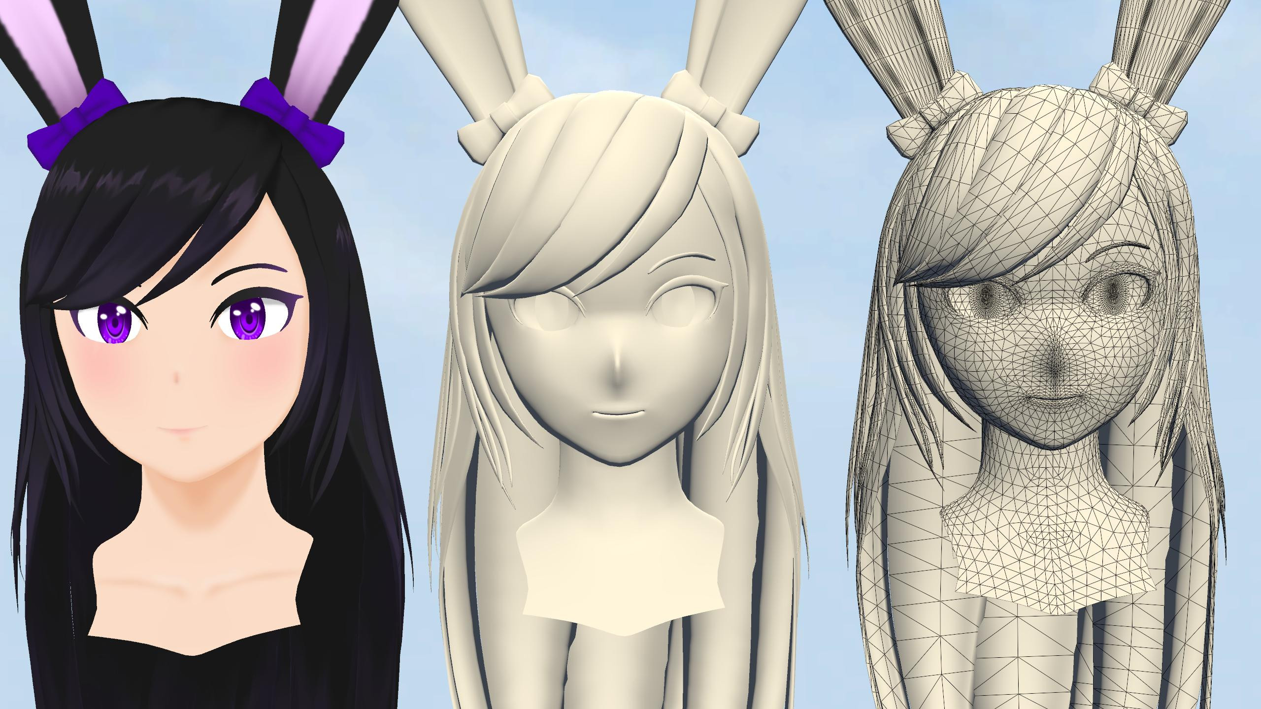 Head Close Up - Texture, Flat, Wireframe