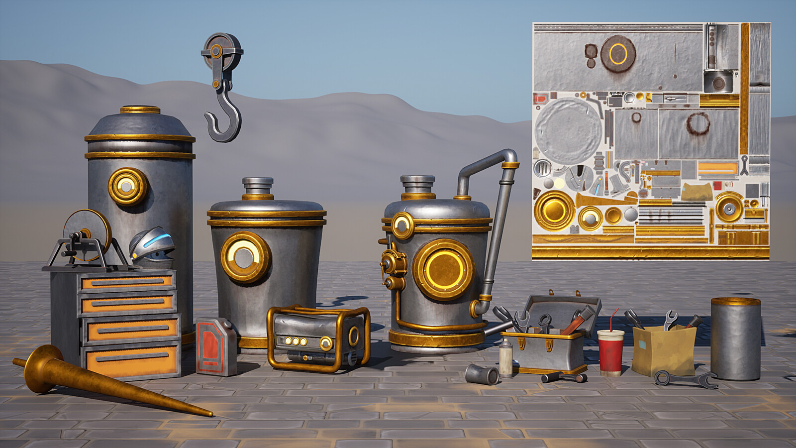 Tanks and Props material painted with Substance Painter