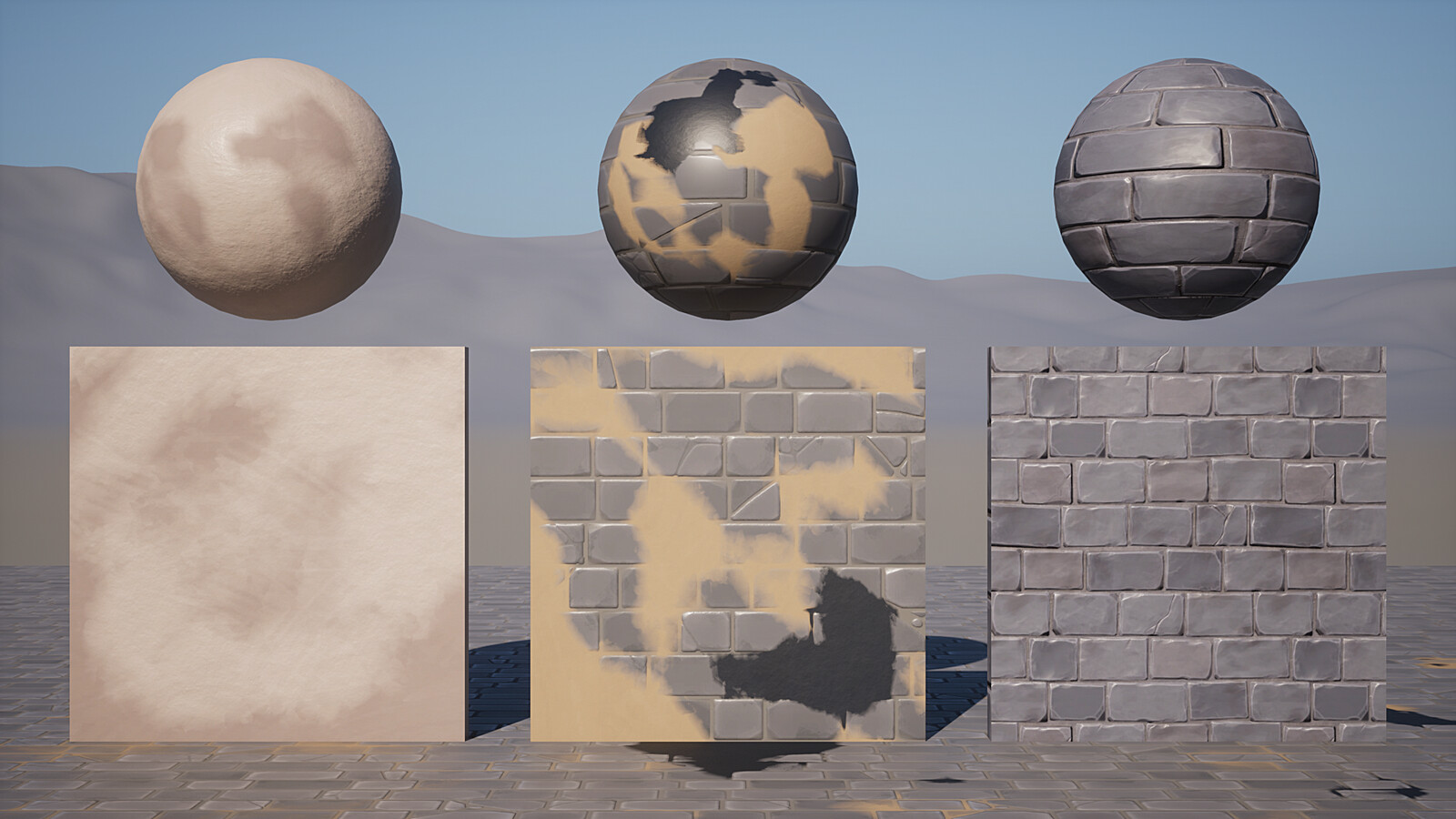Tiling materials built in Substance Designer. This also shows an example of the vertex painted materials.