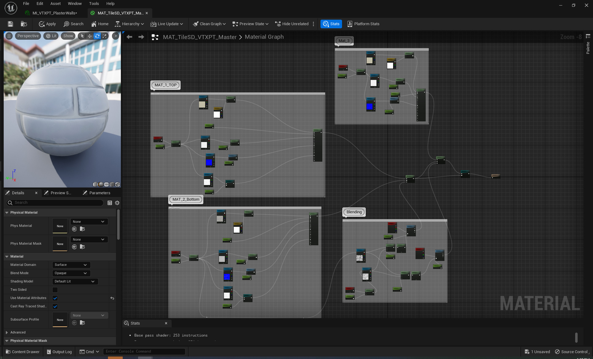 The vertex paint master material I built in UE5 to help detail the tiling materials in the scene.