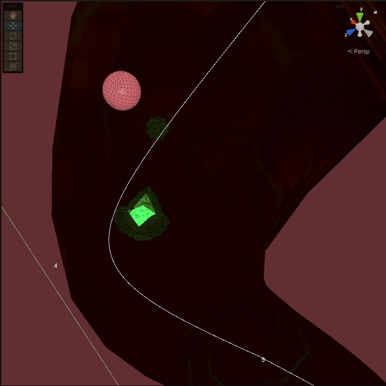 Enemies can be dragged and dropped into the scene and will snap onto the nearest location of the spline, within the defined radius of the geometry's width.