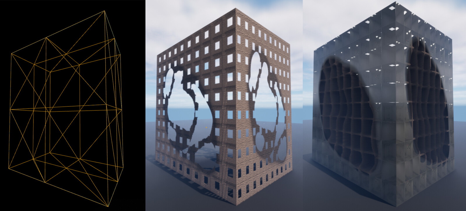 The outer shell uses a parallax occlusion material to add false indentations framing each window. The inner cube uses the aforementioned interior mapping material, and a more dramatic parallax occlusion material.