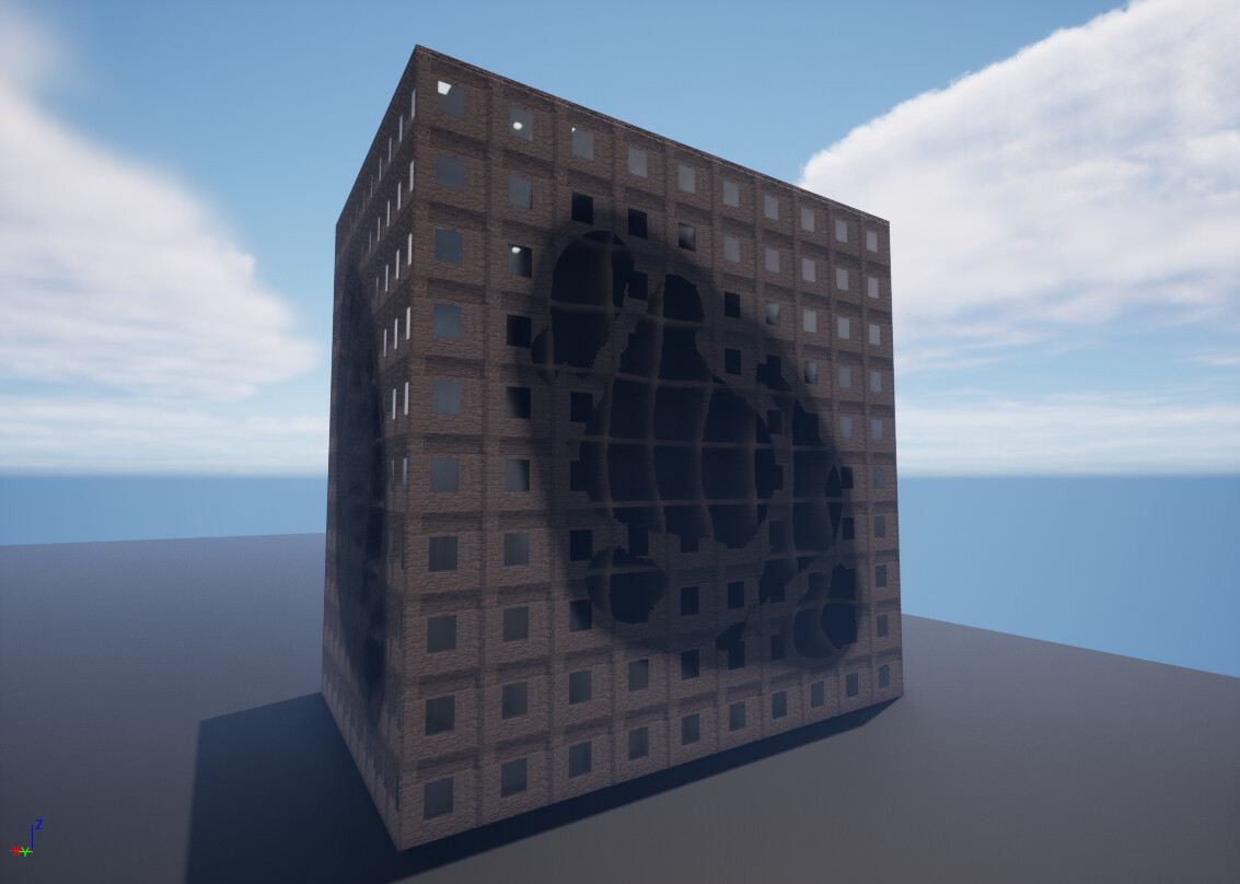 Building 3: Unreal materials are applied to 2 cubes to generate all the details of this building, whose floors and damage layout can be easily changed. The inner shell had false interiors and the appearance of damaged cavities from any angle.
