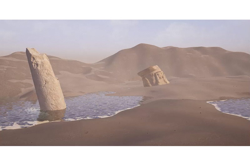 A desert landscape made in Unreal. It makes use of the built-in Unreal landscape tool as well as the procedural foliage tool and the single water layer material.