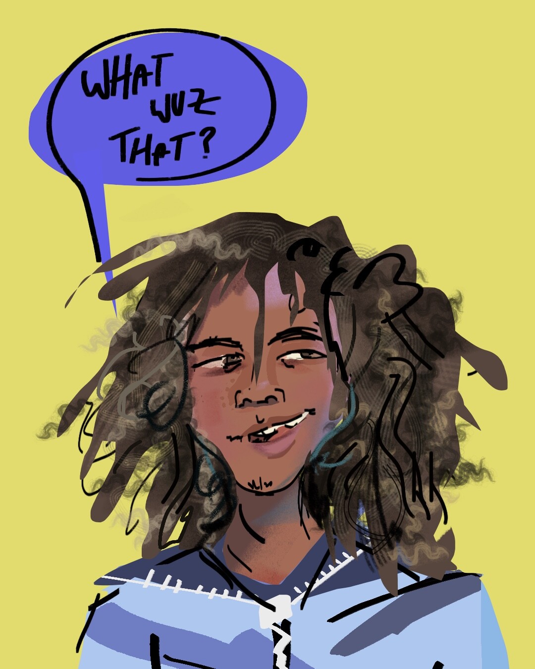 Spidersona of a curly haired boy, a black and blue spider suit but