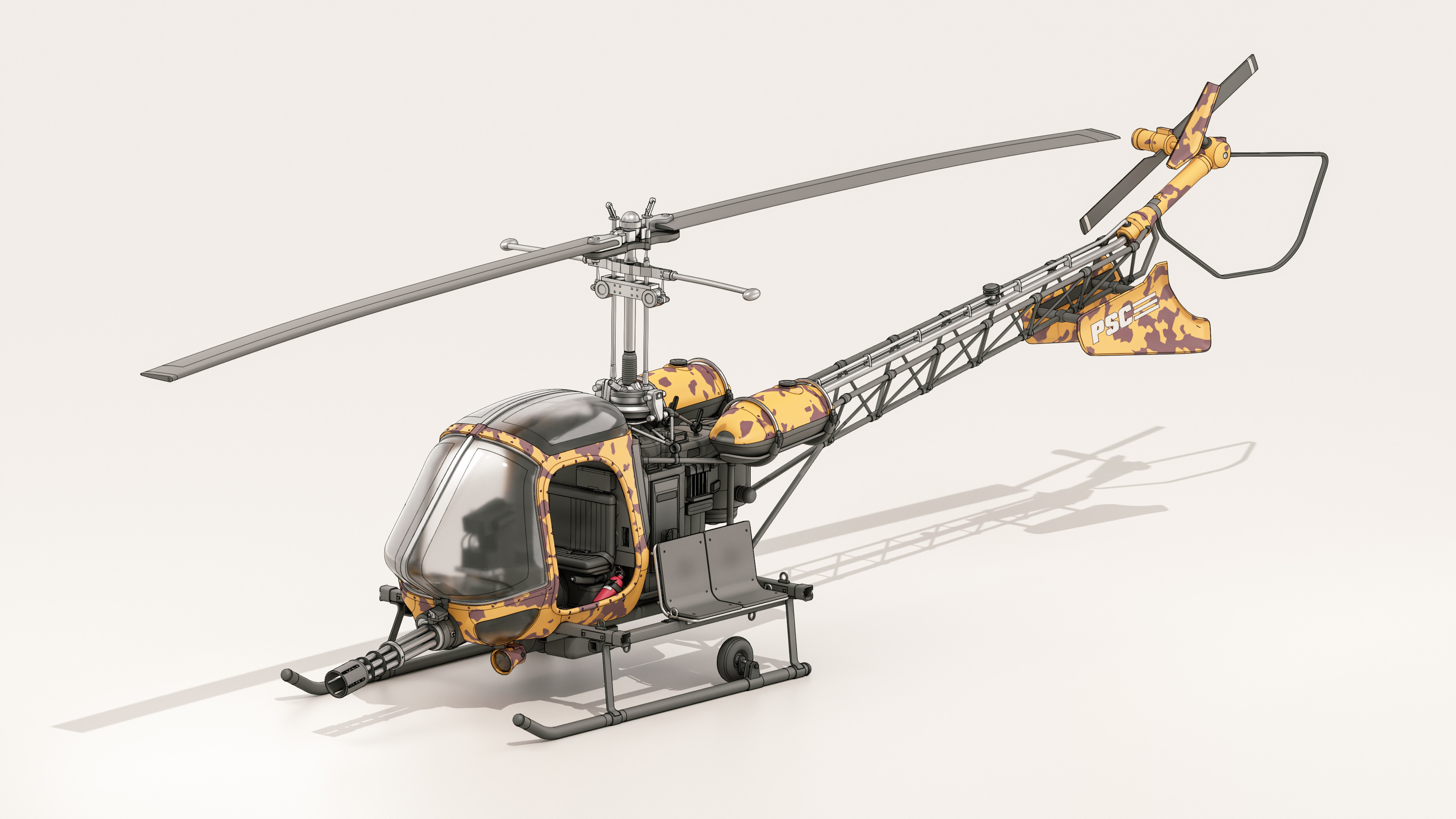 The M51 light assault helicopter, manufactured by Fabricación Suroeste S.A. de C.V. for the Pacifica-Sonora Coalition, in whose T/E it was christened the Apis. Mostly used in recon operations.