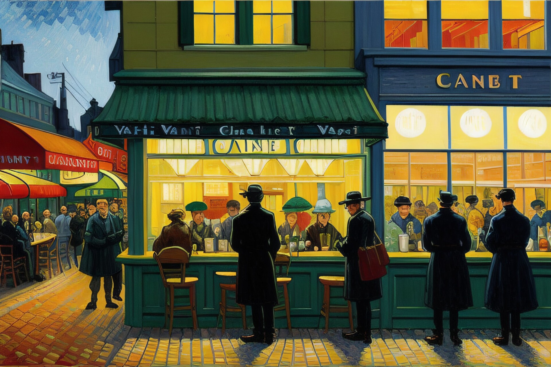 ArtStation Oil painting, a bustling café scene at twilight, capturing
