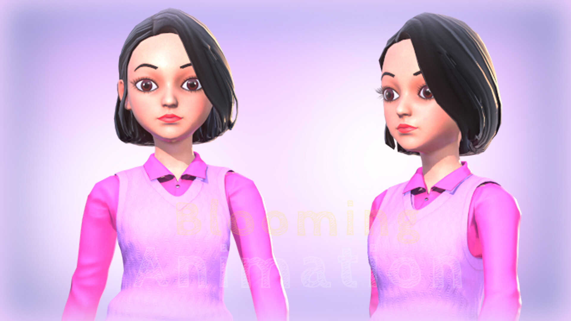 3D model pink long hair VR / AR / low-poly