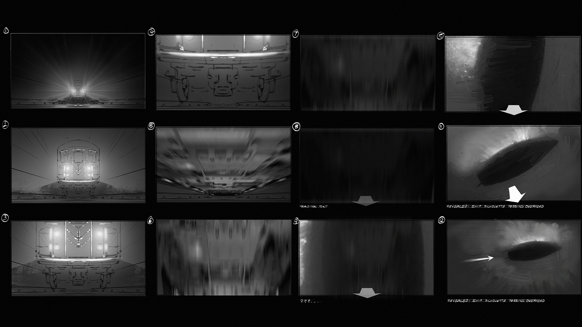 Train sequence transitioning to underwater Ship Storyboards