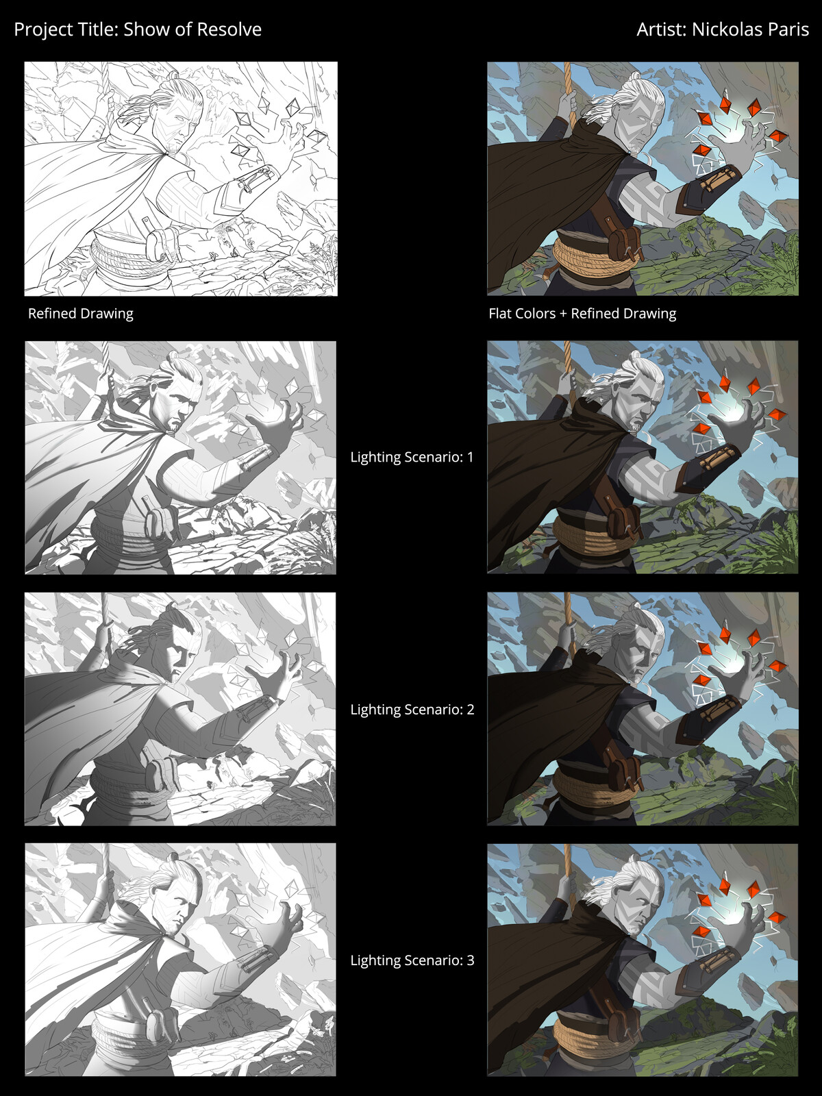 Here I'm exploring different lighting options/angles.
After this step, I begin painting and rendering to finish :)