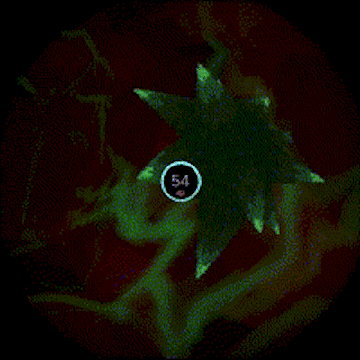 The central circular UI shows when the player's ability to shoot has reloaded, as well as the current "host heartrate", which drops when enemies are missed. The small heart and level audio match the current heartrate.