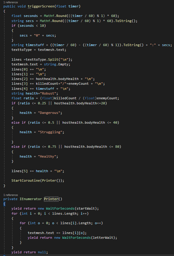 C# script that collects displays the aforementioned end of level screen, and prints it out letter by letter.