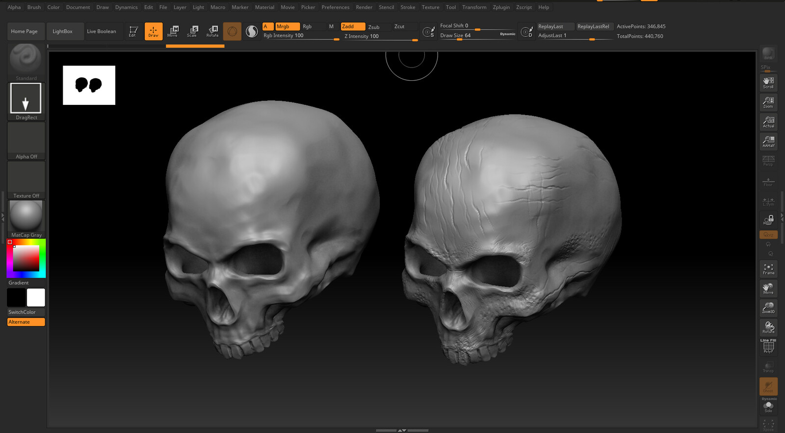 ZBrush skull sculpting with effect layer 