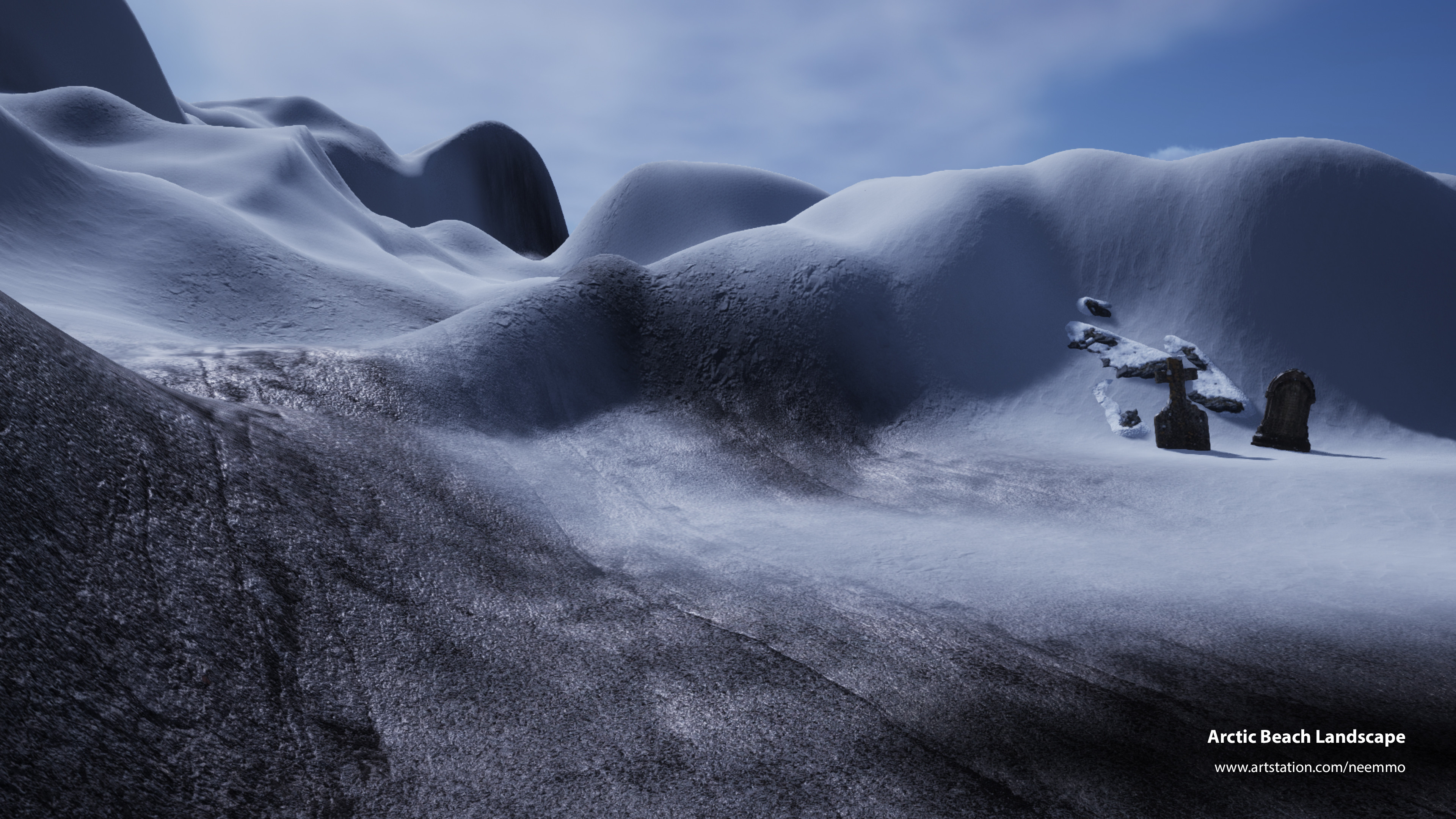 Landscape view from bottom of slope focusing on peaks