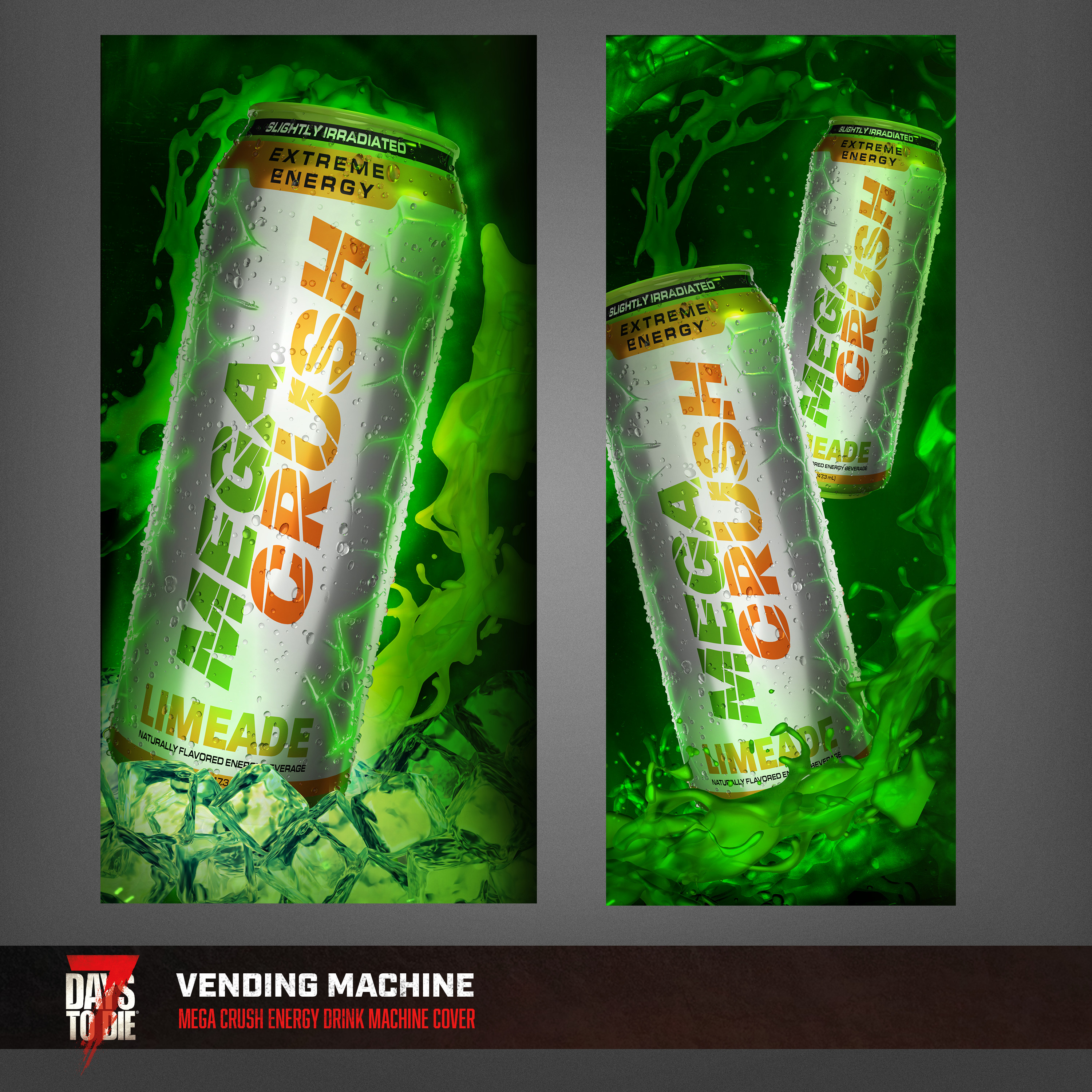 Mega Crush is the only pre-existing brand that is in the game. I worked off of the original design and updated it to represent modern energy drinks. I added irradiated cracks on the sides of the can to really sell its energy.