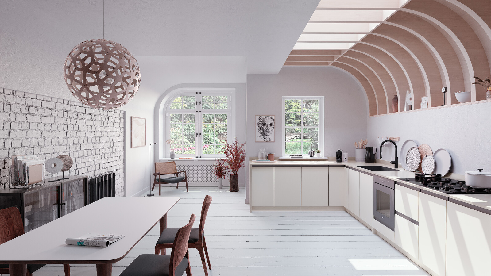 Kitchen and dining space with skylight