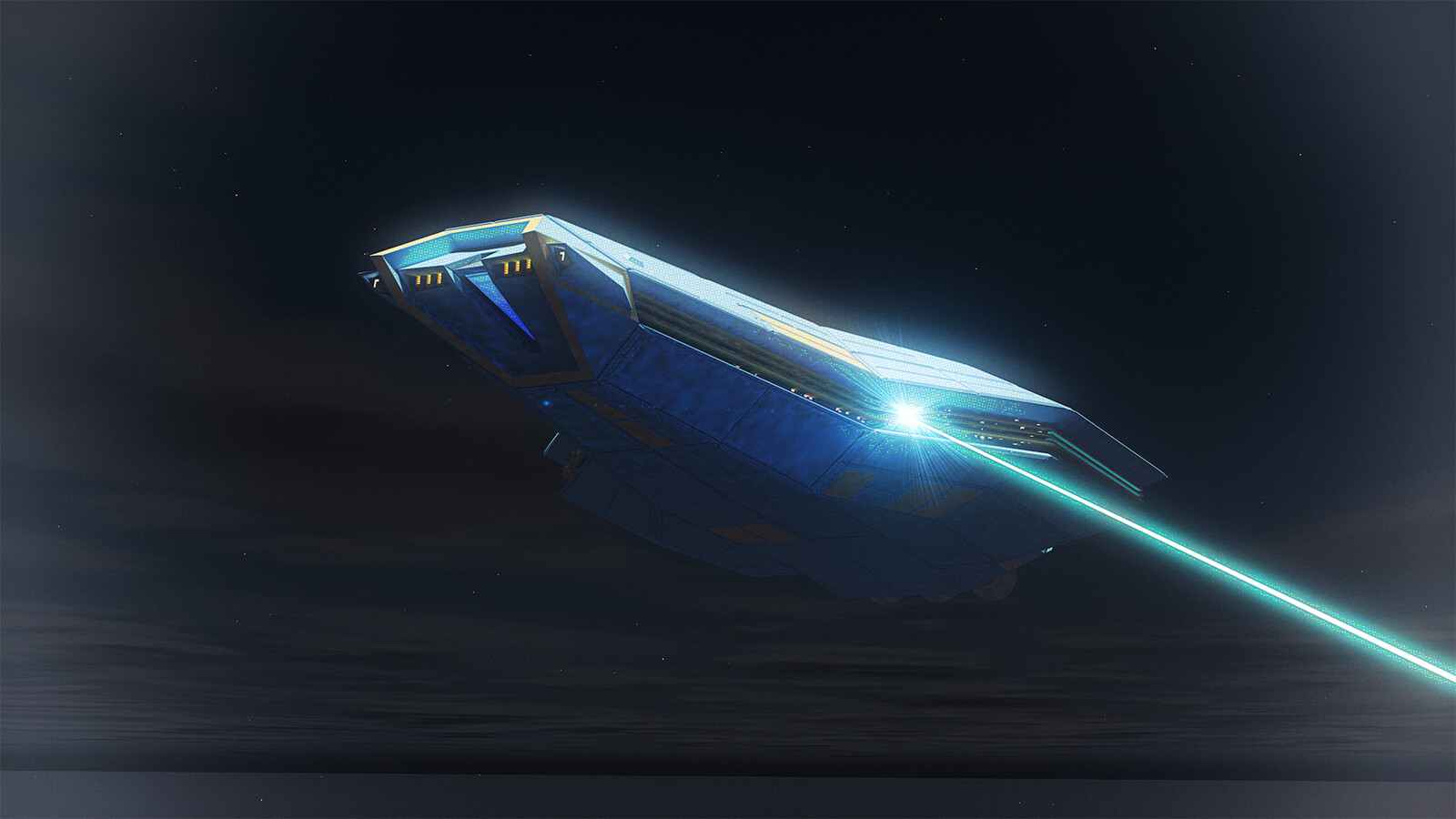 The deep range cruiser Pathfinder firing one of her arcalite GR4 plasma beam cannons.

