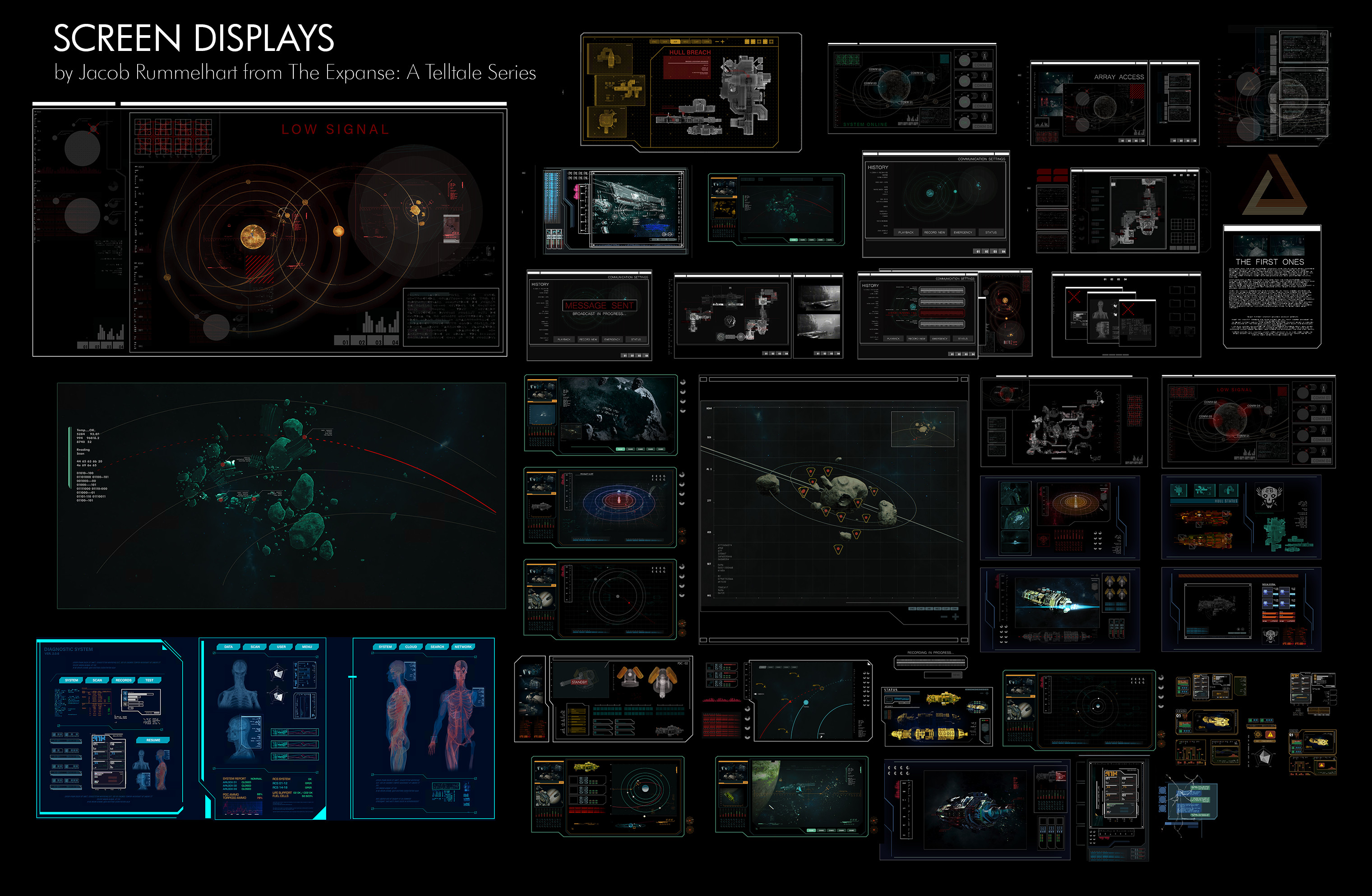 A big part of my job was designing and creating dozens of computer screens for the environment. Here are some of them. 

I was also responsible for animating the screens in various ways during cutscenes.