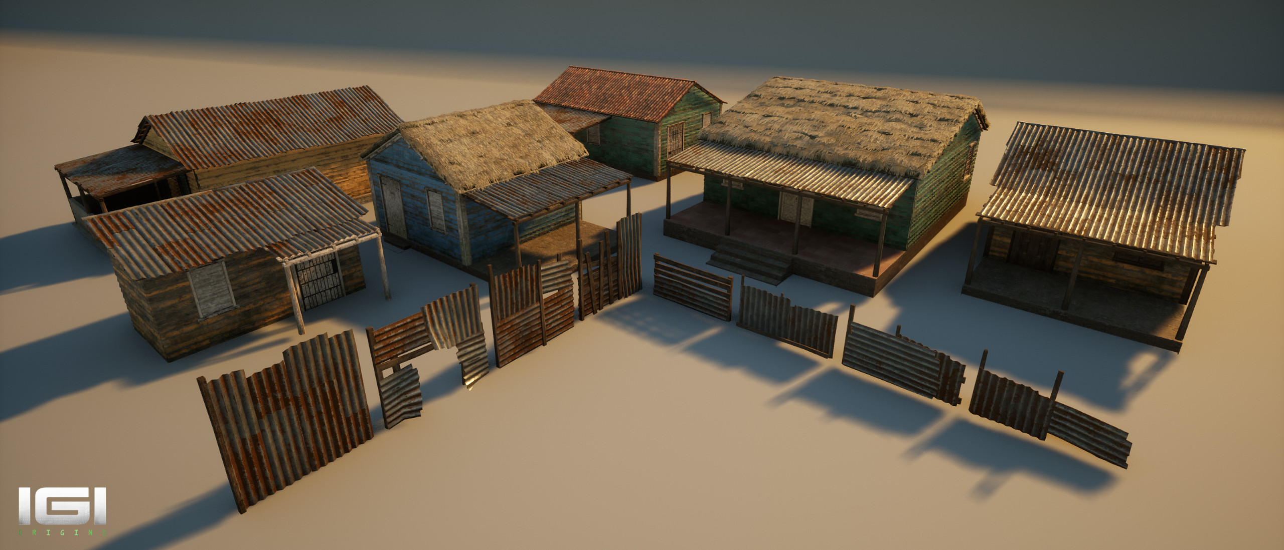 Some house variants created from the modular kit, plus corrugated metal fence kit. Material set up in Unreal to allow variance in paint colour, wear and metal corrosion.