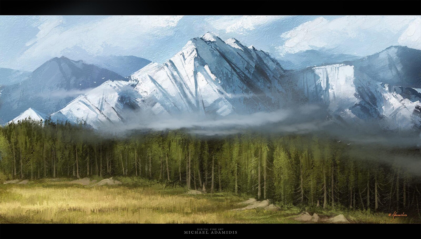 Digital Scenery Art Landscape Painting - Mountains &amp; Evergreen Trees