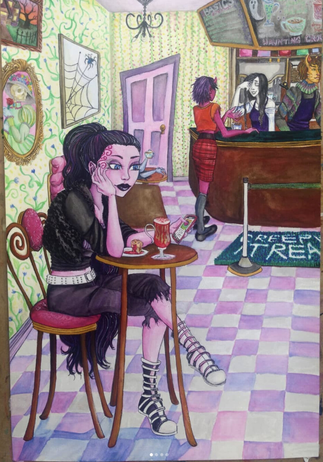 Vaguely vampiric-looking purple girl drinking a bloody-looking latte in a coffeeshop.
