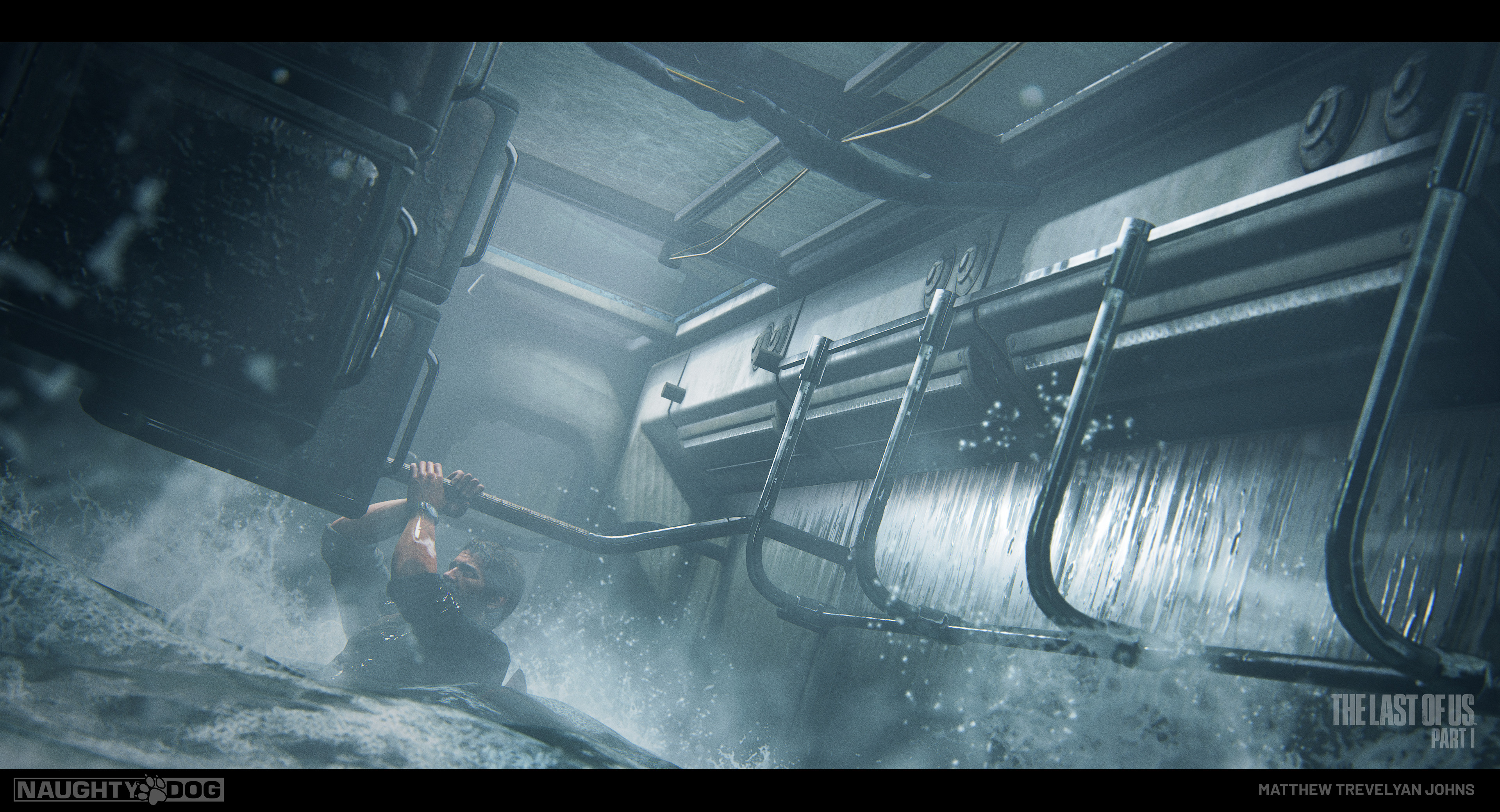 Lead lighting artist Antoine Deschamps worked here to create this cool, cold, atmospheric lighting scenario, with this heavily directional lighting, my goal was to focus on material response, particularly in the wetness streaks and metallic elements