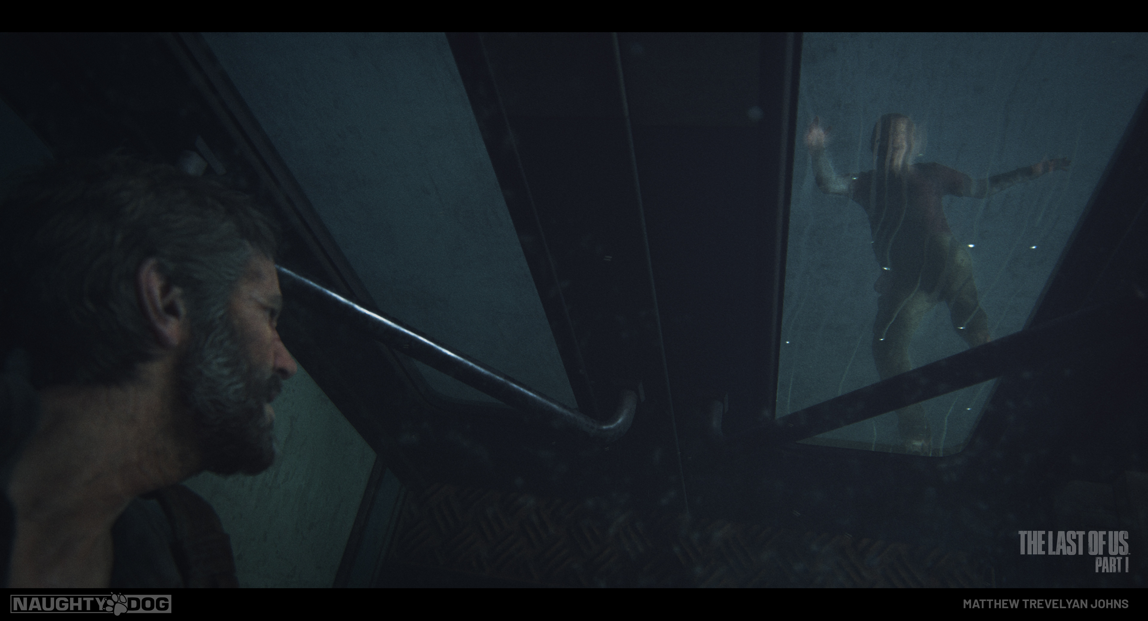 I made a custom glass shader for these doors that used a blurred refraction feature driven by an animated raindrop normal + roughness map. It helped emphasise the effect of Ellie being a briefly blurred silhouette that falls into focus as she lands