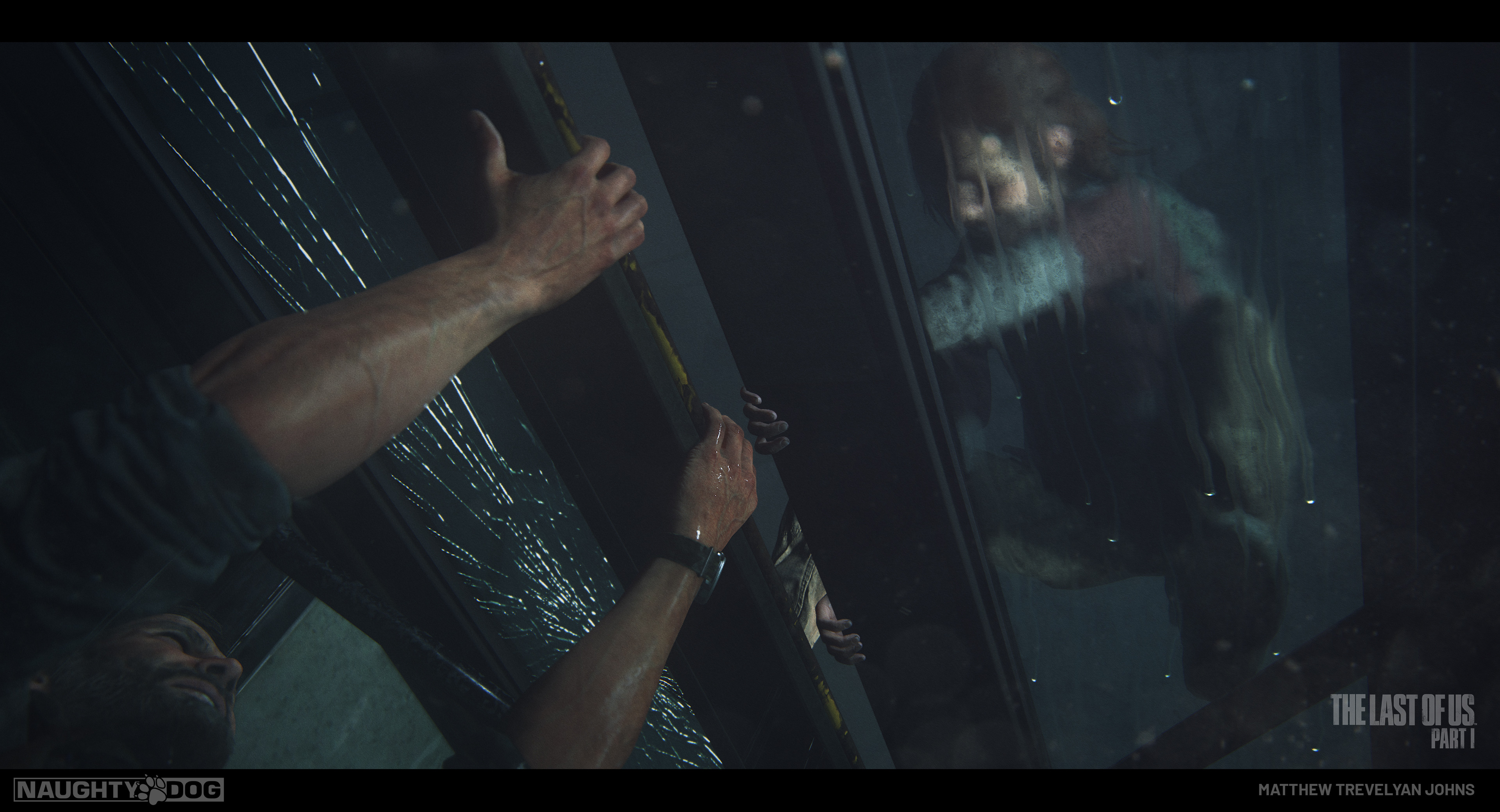 You can also see here that the previously unbroken left hand window, now shows a shattered effect. This was driven by some layers in the shader that were scripted to turn on, right as Ellie's foot made contact with the glass