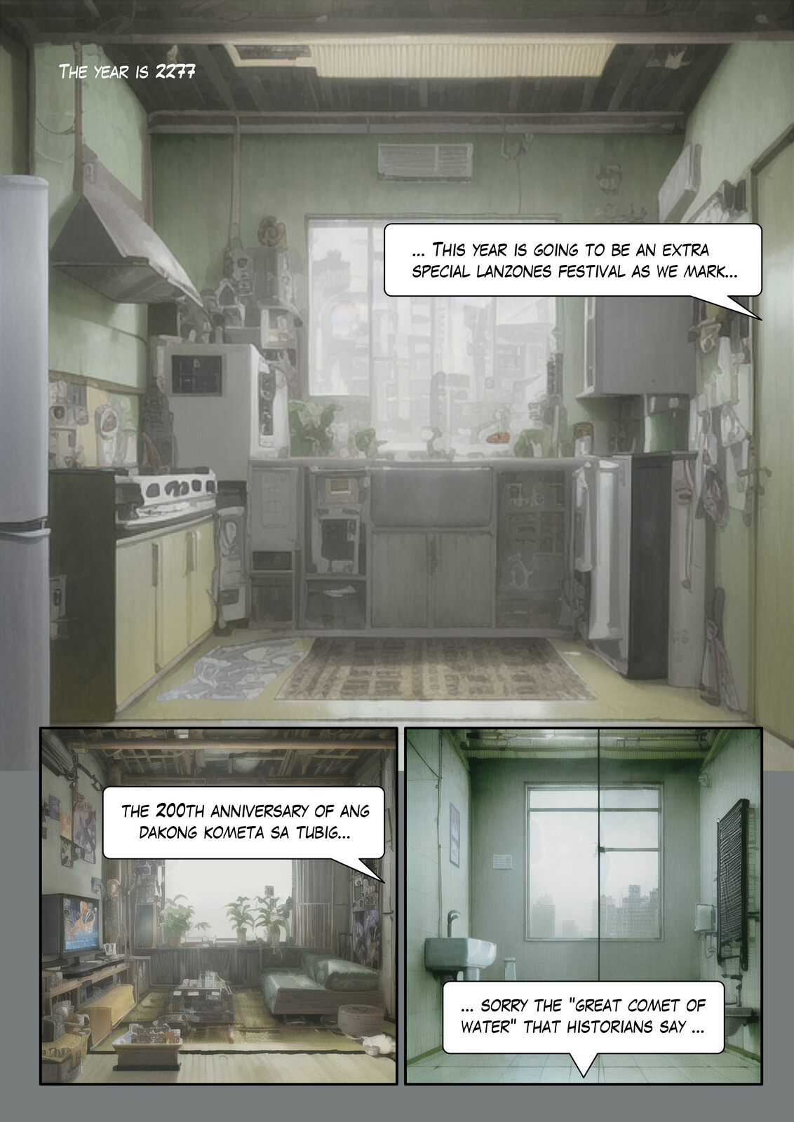 Draft first page of the new Kamigen comics, using a combination of 3D renders, concept art from Stable Diffusion and compositing with Affinity Photo and Designer.
