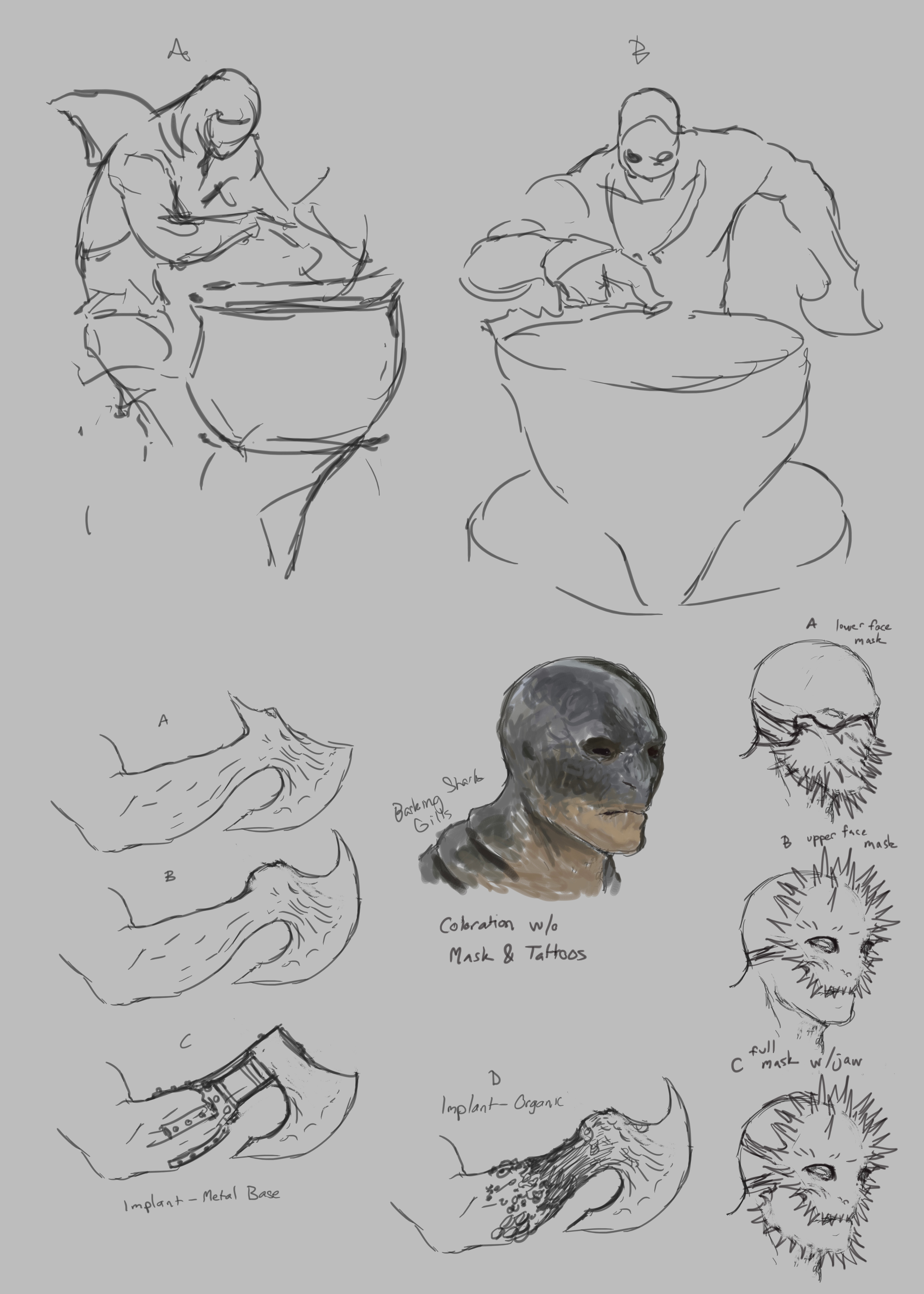 Head, Arm axe design, and composition sketches