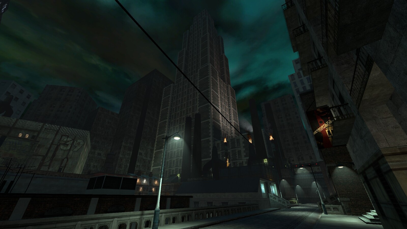 Another view of the level, showing a large skyscraper in the distance.