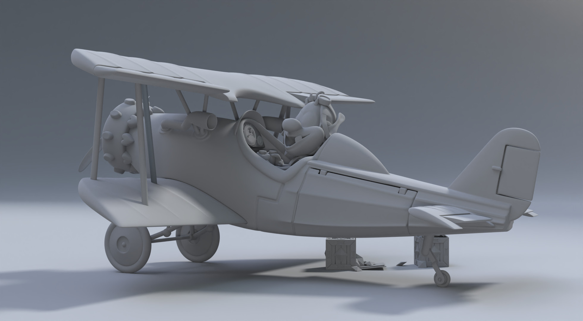 clay render of the Hugo and biplane turntable