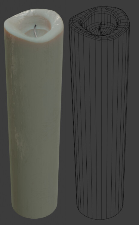 A quick candle model put together for the occasion. Subsurface scattering is what makes it look like a candle.