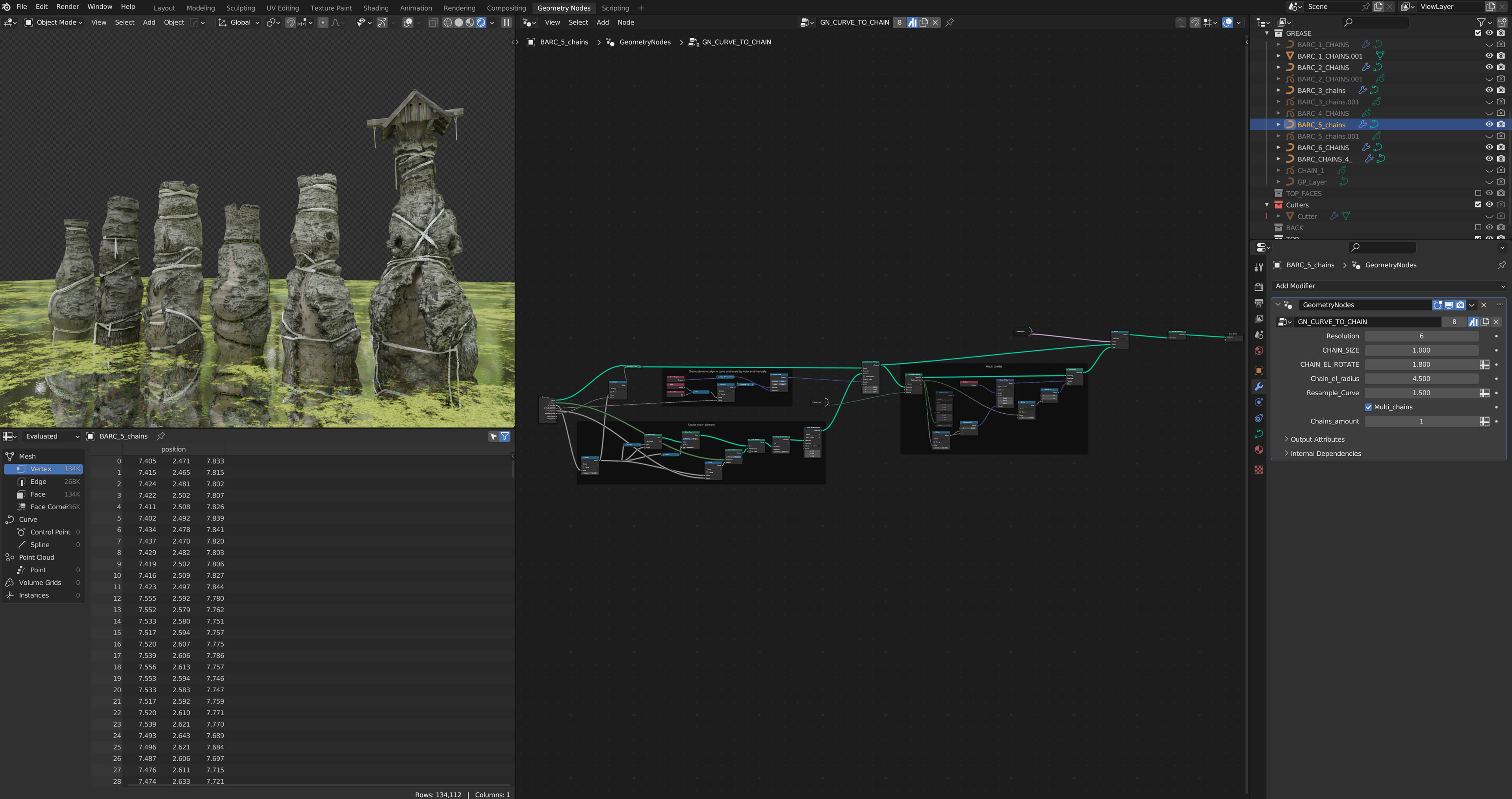 Testing workflow with using grease pencil for drawing curves and them using geometry nodes to turn them into chains parametricaly.